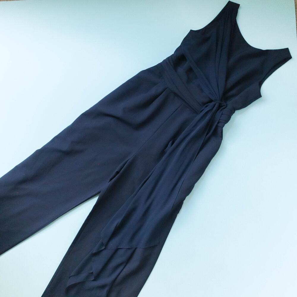 Eliza J Navy Sleeveless V Neck Wide Leg Jumpsuit Size 8 Chiffon Formal - Picture 2 of 10